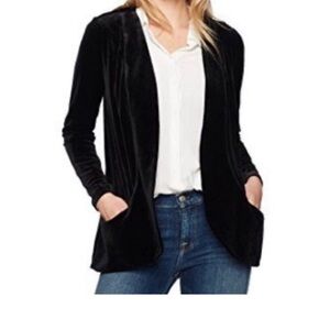 Women's Black Velvet Open-Front Cardigan with Pockets